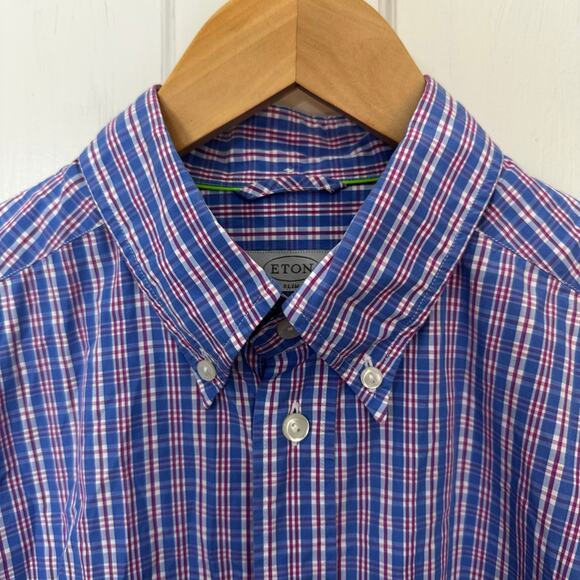 ETON Mens Button Down Shirt Plaid Check Slim Large 42 Pocket 100% Cotton Blue - Picture 4 of 8